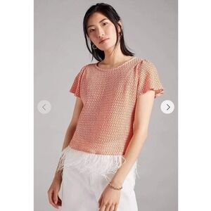 Anthropologie Textured Feather Trim Top Short‎ Sleeve Coral